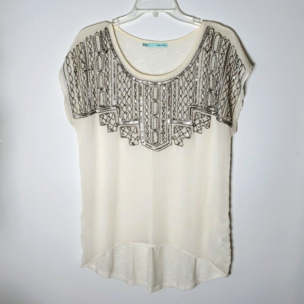 Maurices beaded sheer front shirt sleeve shirt, ivory, sequin/ beading, size med